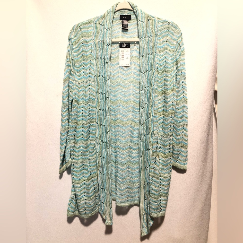 RQT NWT Crochet Knit Lightweight Long Cardigan L blue/green Seafoam (gifted)